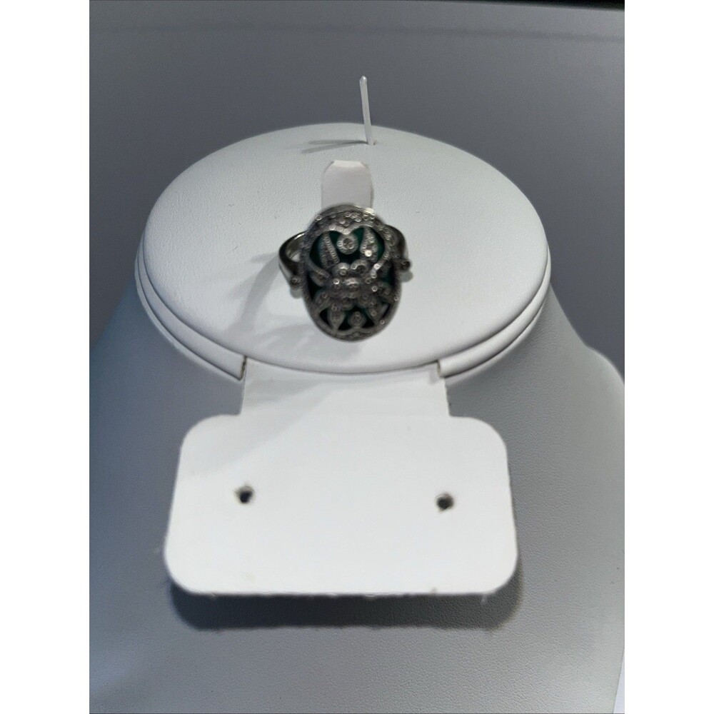 925 Sterling Silver Vintage Marcasite Art Deco Style Ring Green Size 8.5